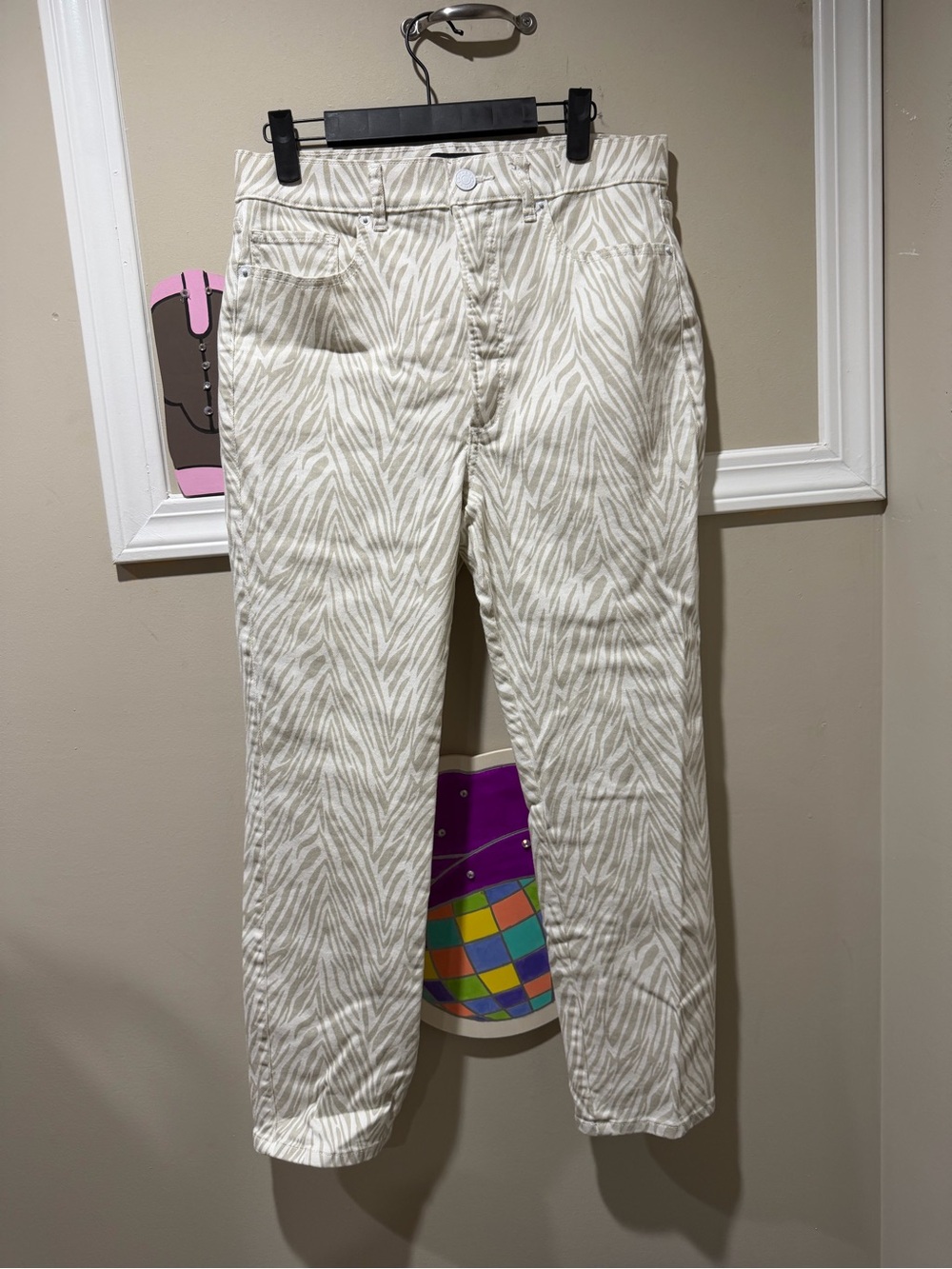 Express Cream and Light Taupe Zebra-Print Straight Leg Jeans
